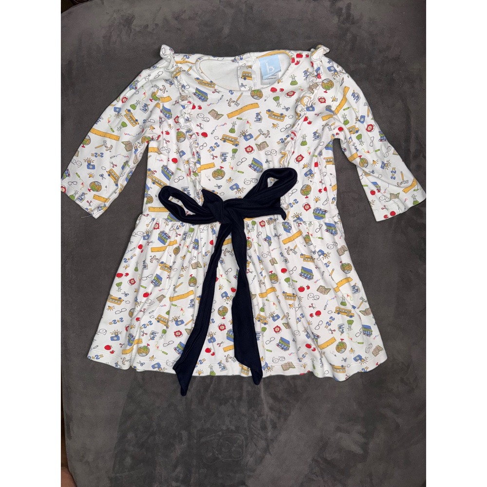 Bella Bliss Girls Back to School Dress White School Bus Print Ruffle Sash Size 7
